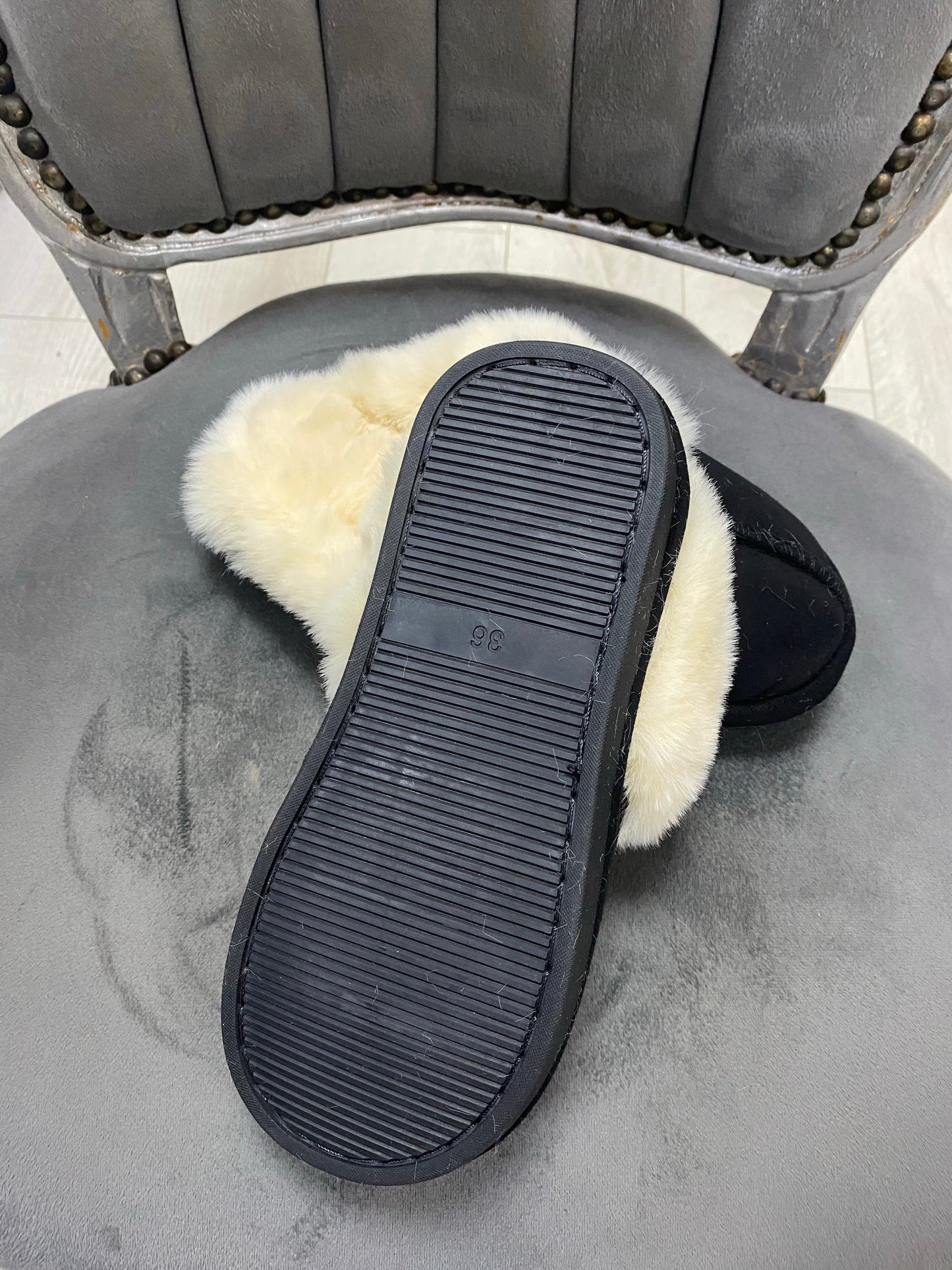 Black faux suede faux fur slippers