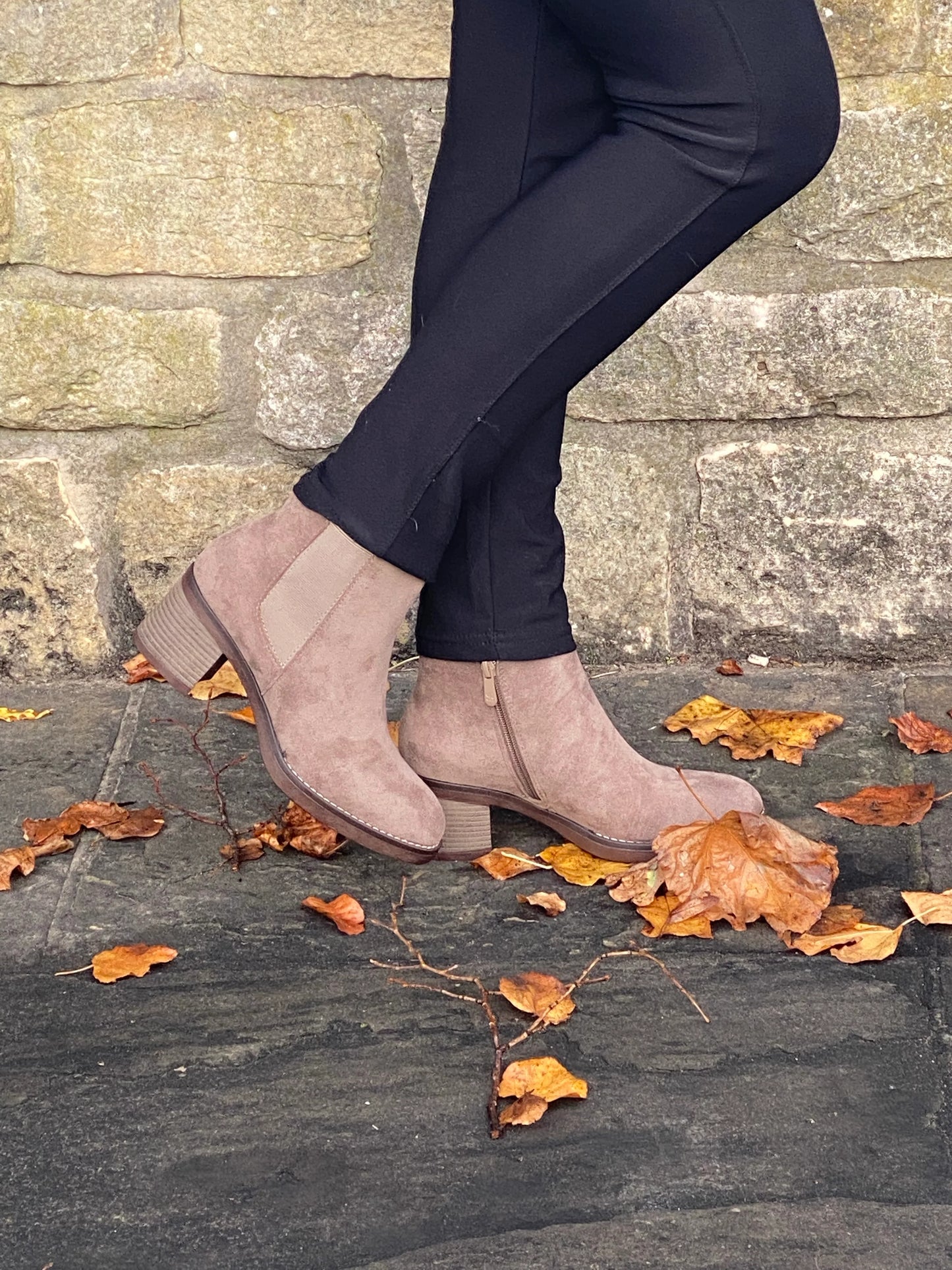 Mocha mock suede chunky heel ankle boot. 3-8