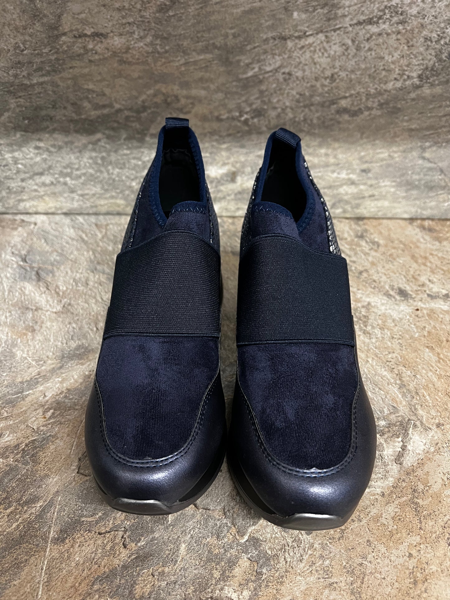 Navy and silver wedge slip on trainer