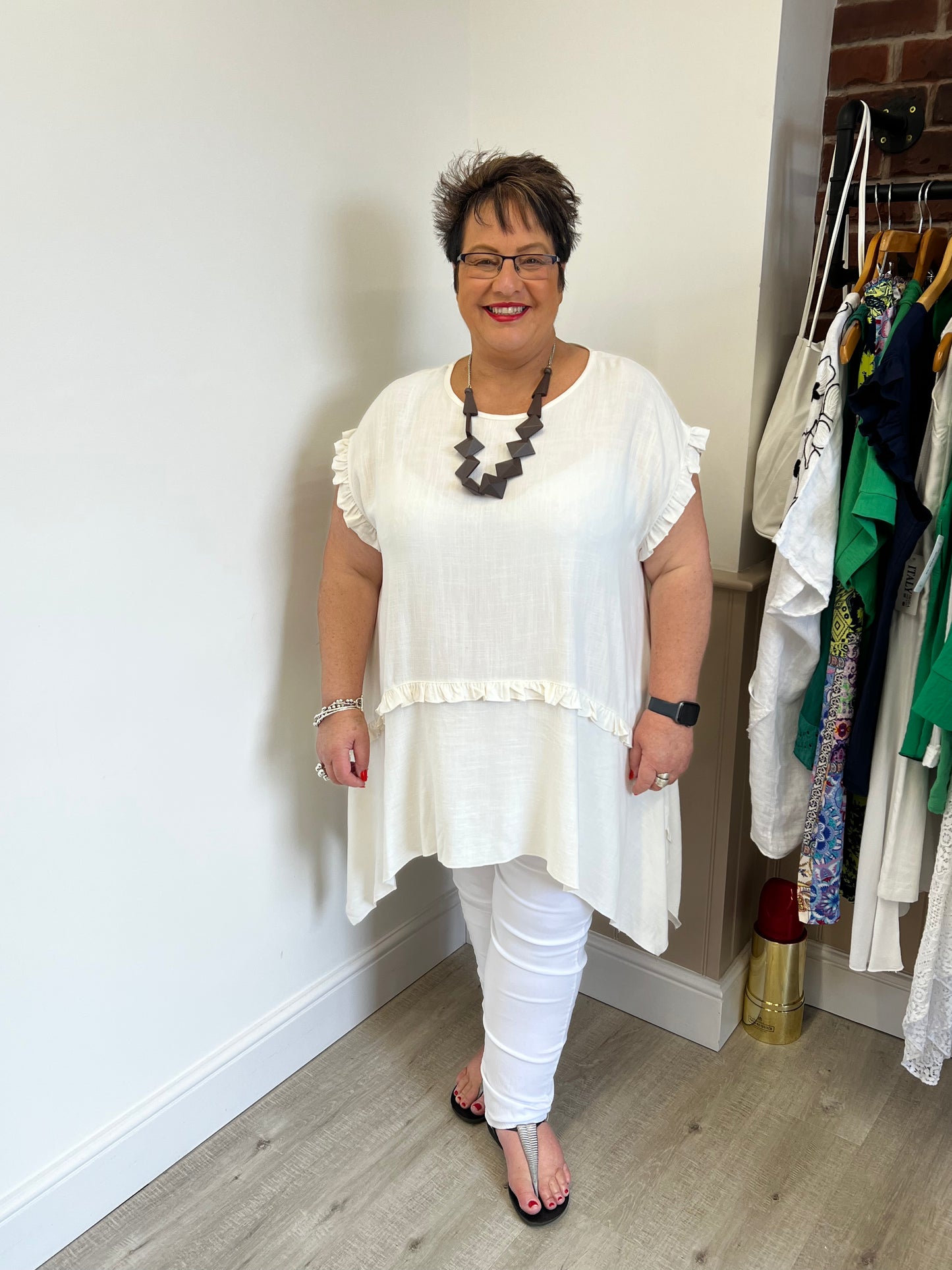 Cream linen mix frill detail tunic with necklace