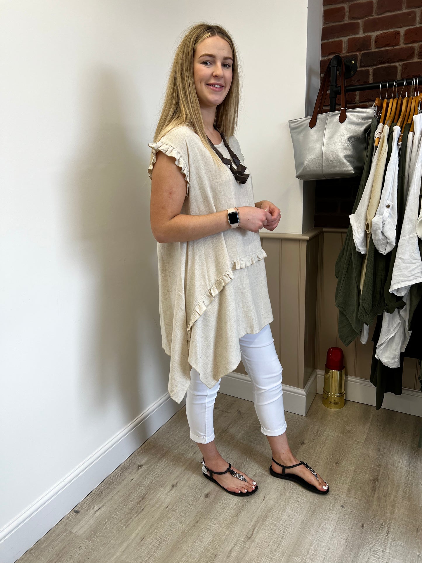 Stone linen mix tunic with frill detail