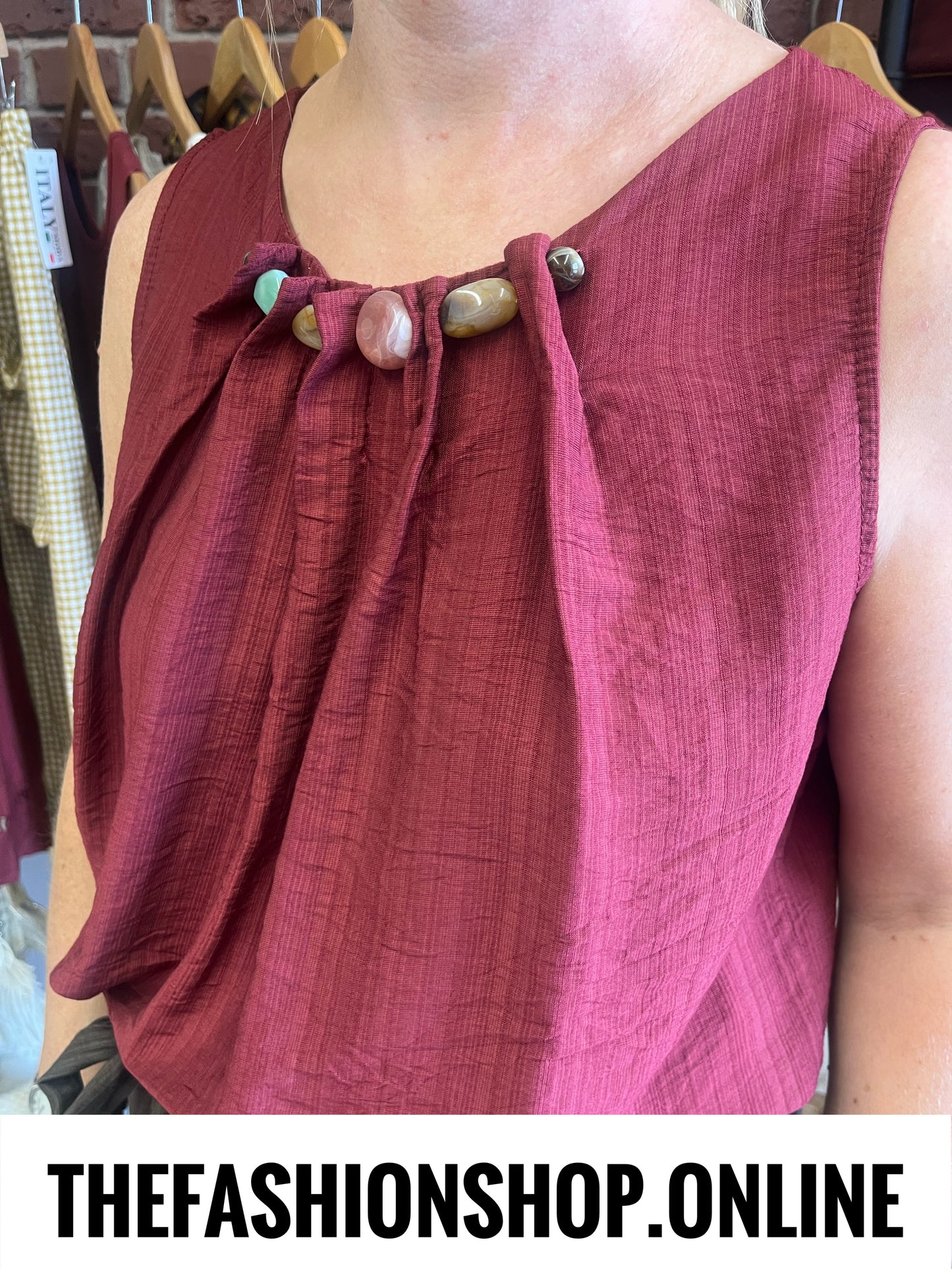 Sierra wine straight hem beaded  top 8-16