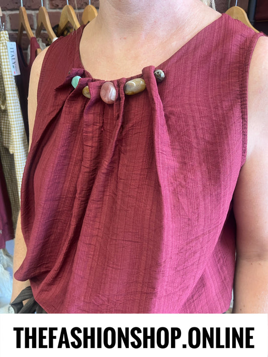 Sierra wine straight hem beaded  top 8-16
