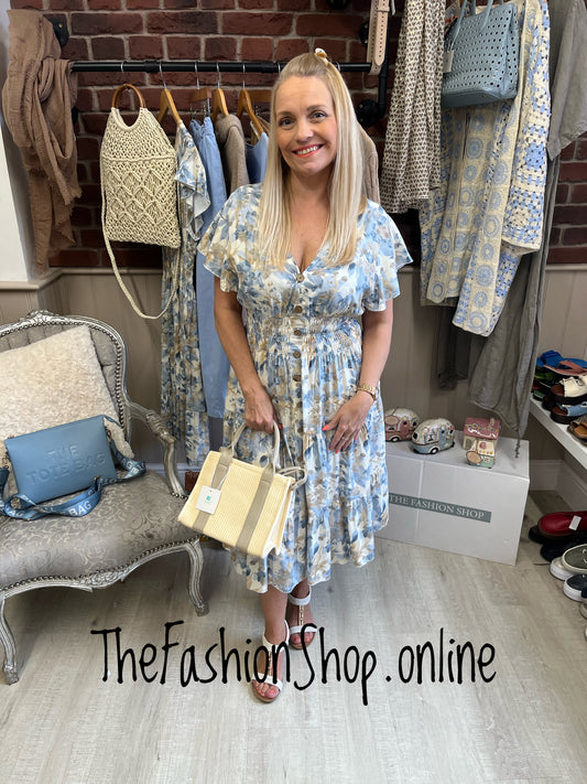 Harmony Denim Blue and Mocha Floral Midi V Neck Dress 10-18