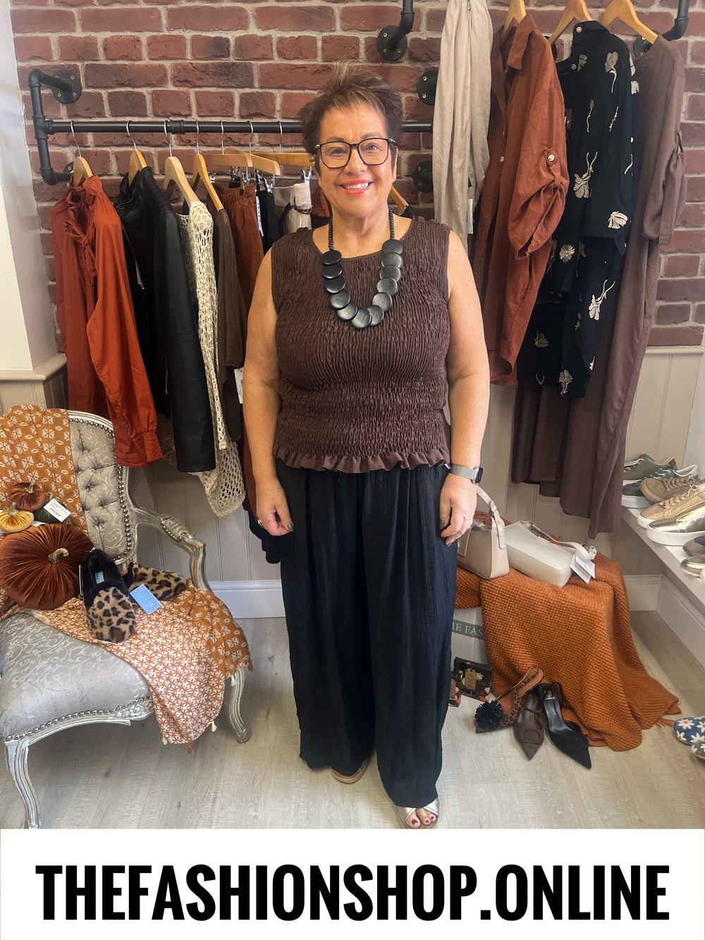 Sadie brown shirred frill top 12-18