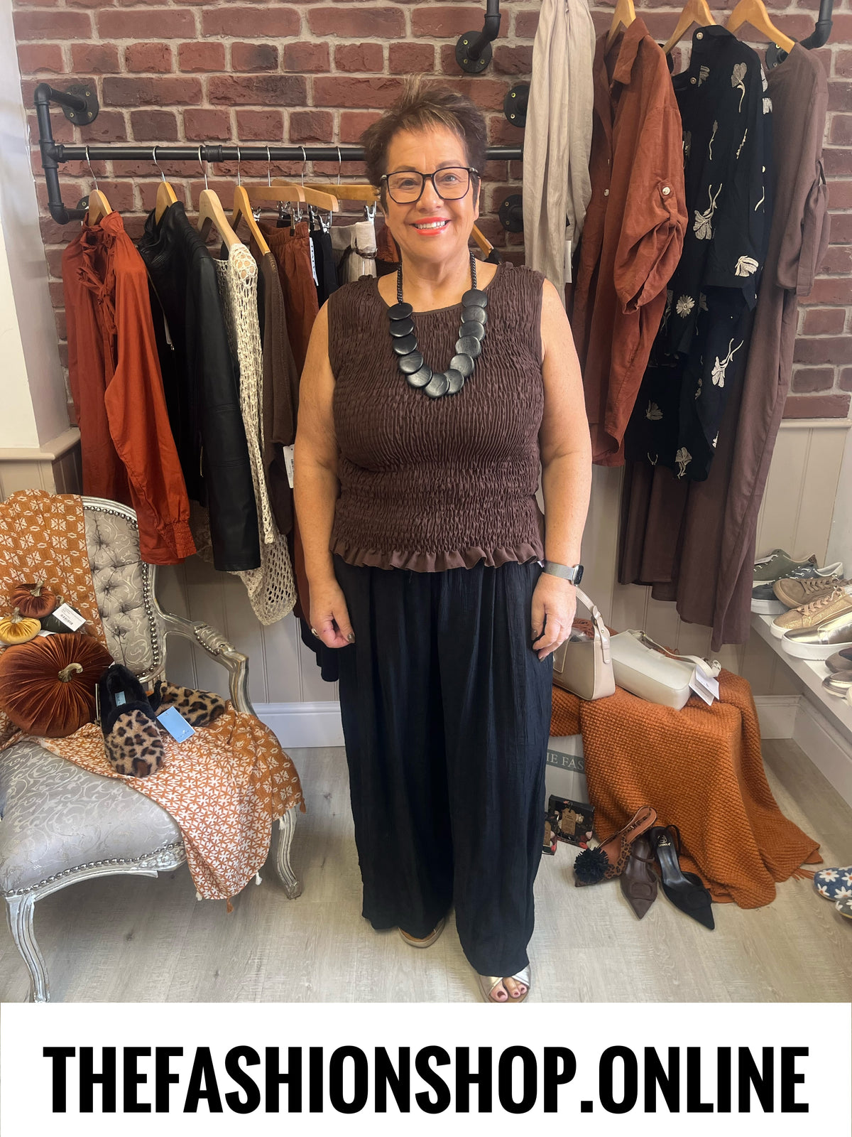 Sadie brown shirred frill top 12-18