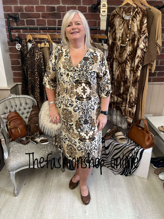 Premium Italian Damask v neck tunic dress 14-18