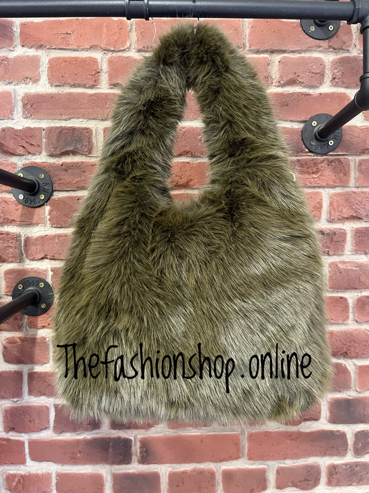 Harlow dark khaki faux fur shoulder bag