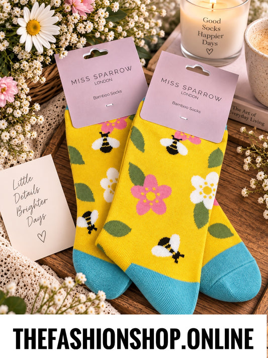 Miss Sparrow Yellow Bees and Flowers Bamboo socks 3-7