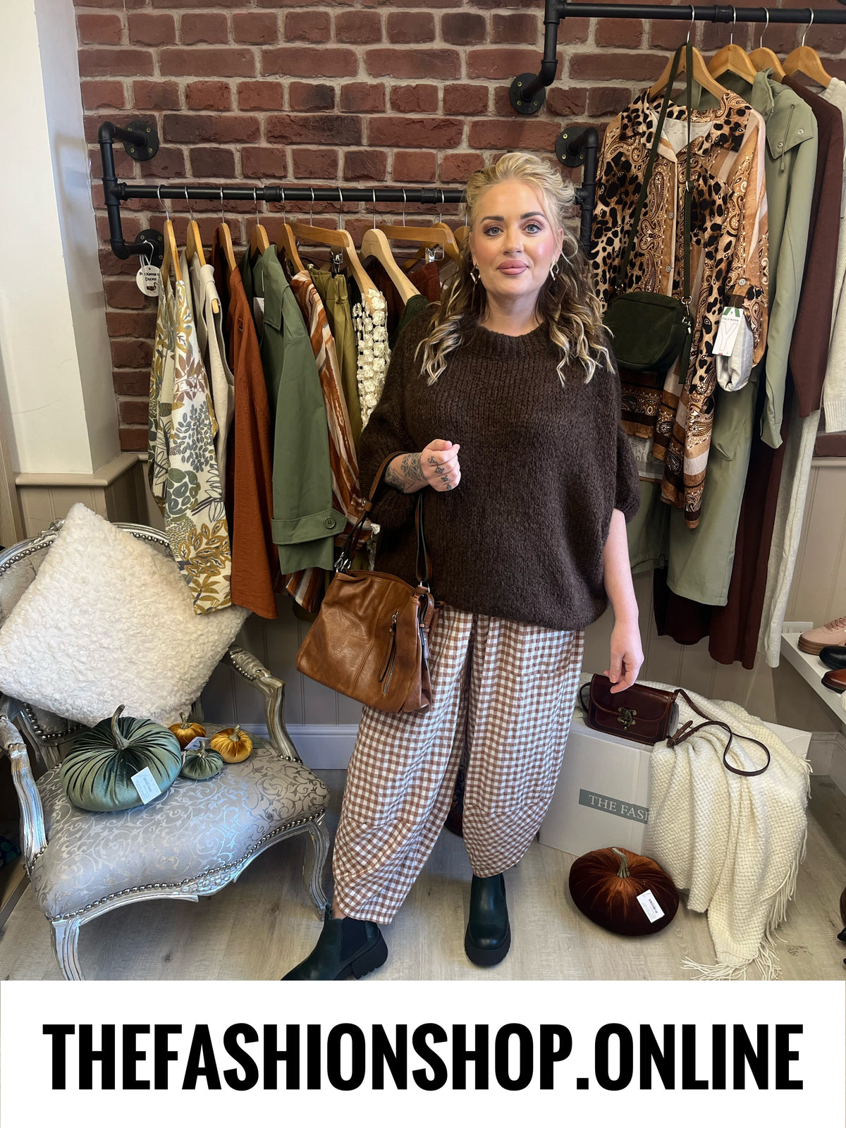 Sally camel gingham tulip hem trousers 8-16