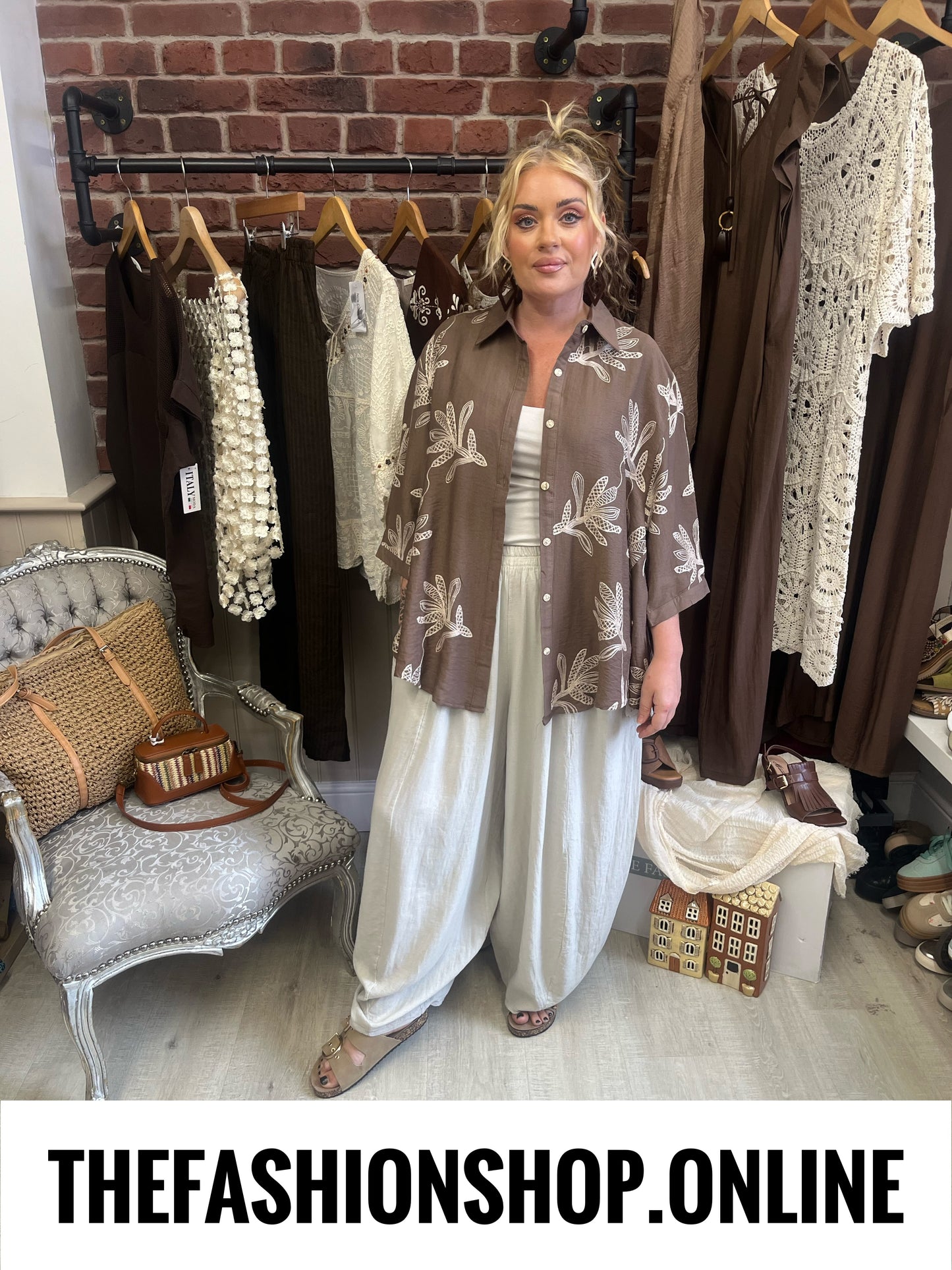 Jemma brown embroidered linen mix shirt 10-14 and 16-18