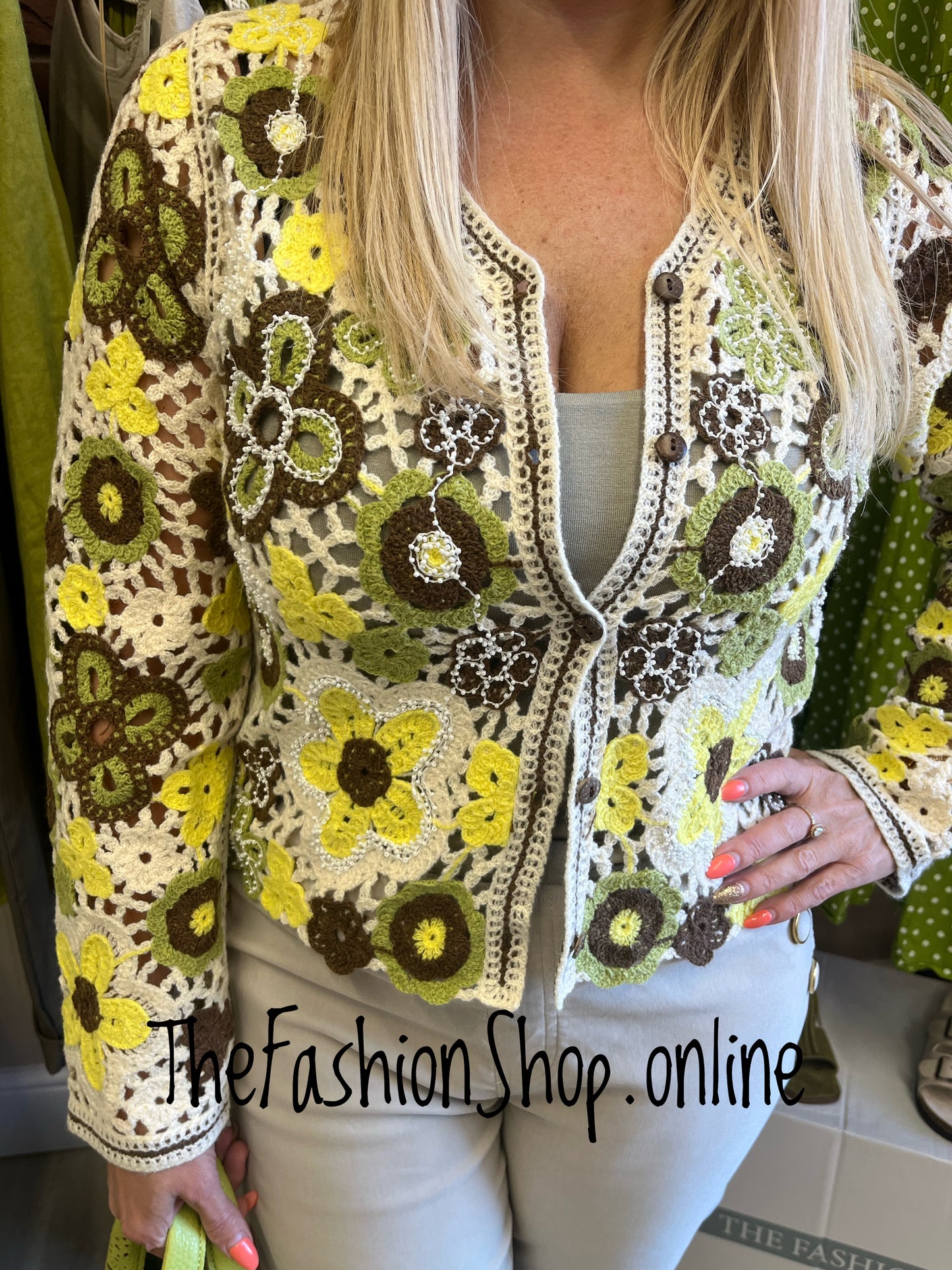 Maddy yellow and green embellished crochet cardigan 8-10 and 12-14