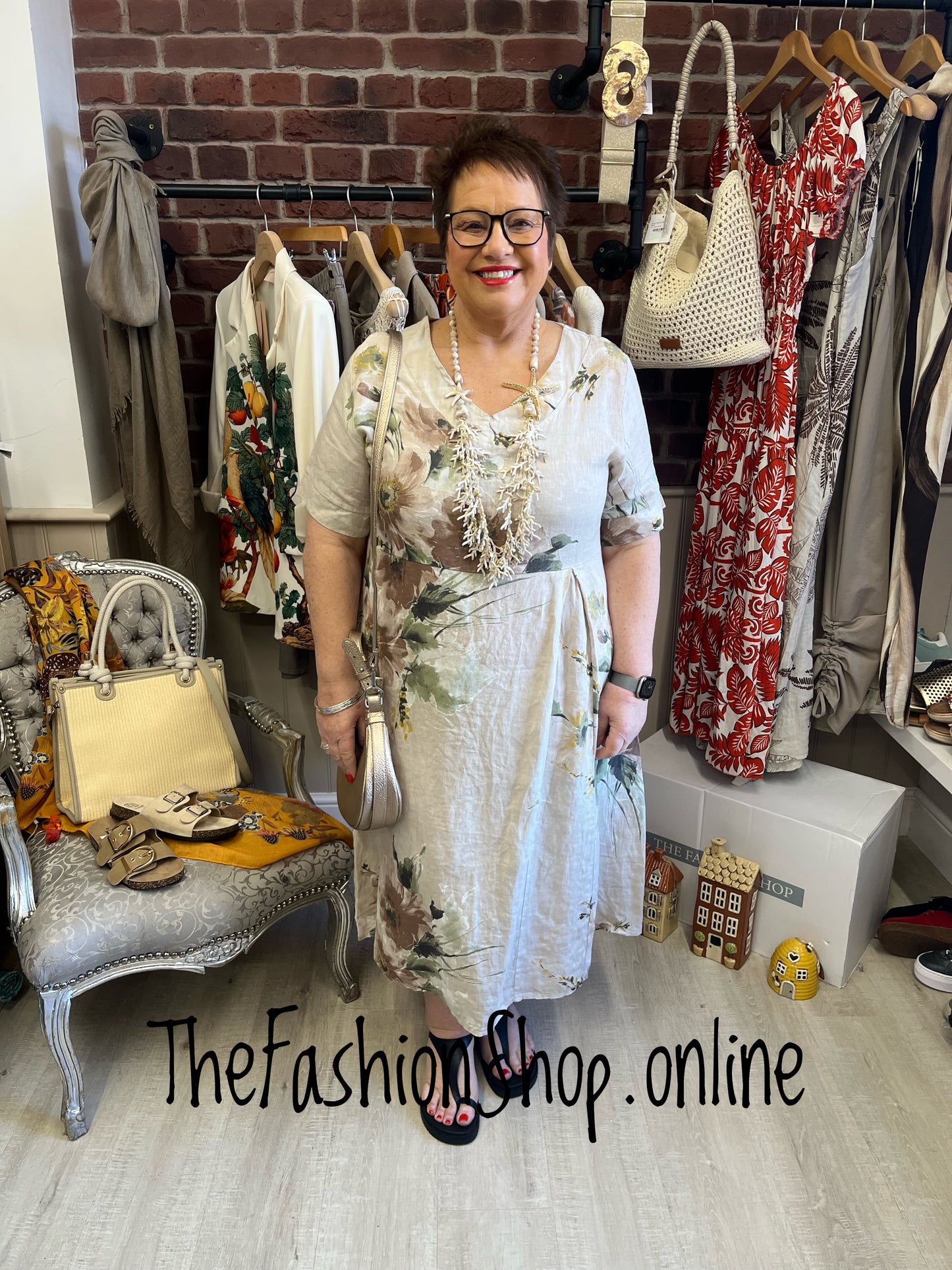 Lucille beige linen floral dress 12-18