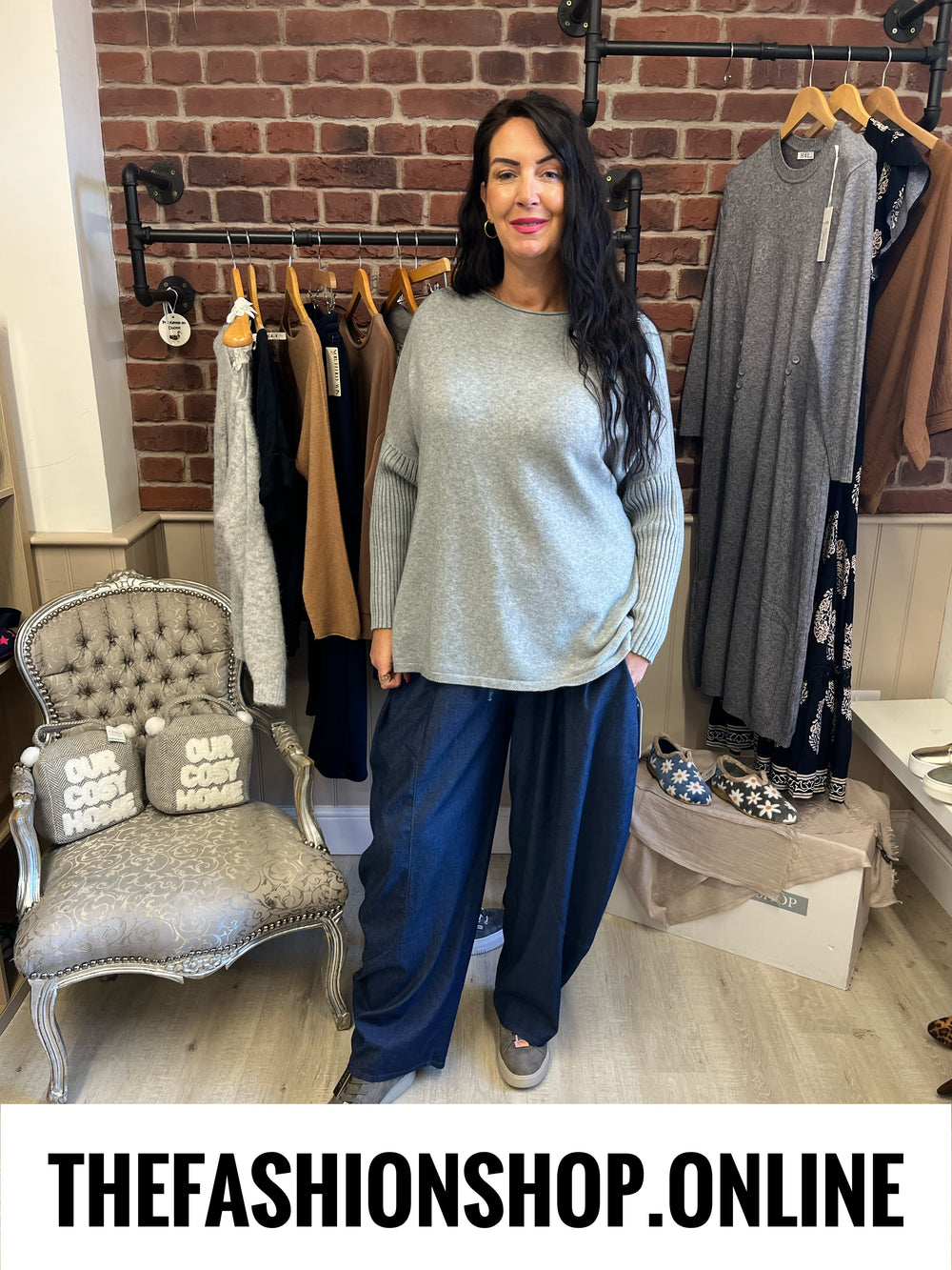 Faye grey cashmere mix ribbed sleeve jumper 14-22
