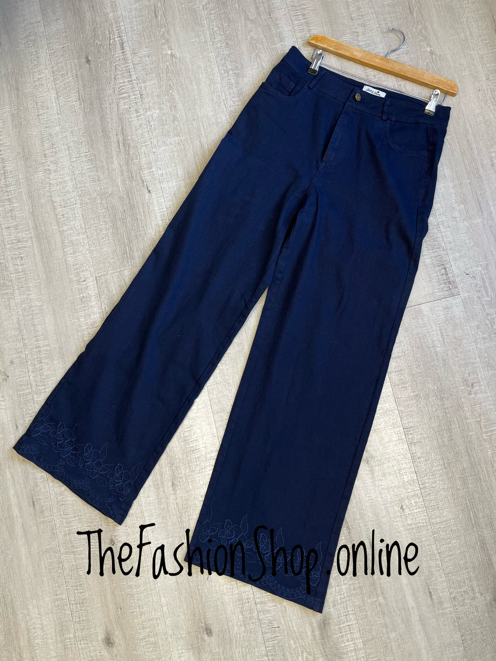 Debbie navy embroidered hem jeans sizes 10, 12, 14 and 16