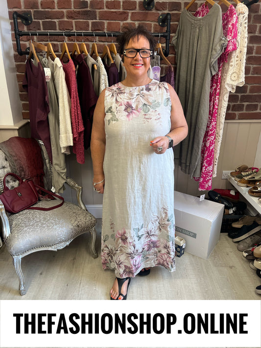 Neve beige linen floral dress 12-18