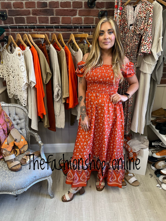 Ellie burnt orange floral puff sleeve dress sizes 8-16