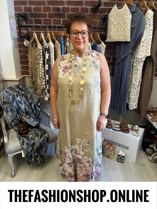 Neve camel linen floral dress 12-18