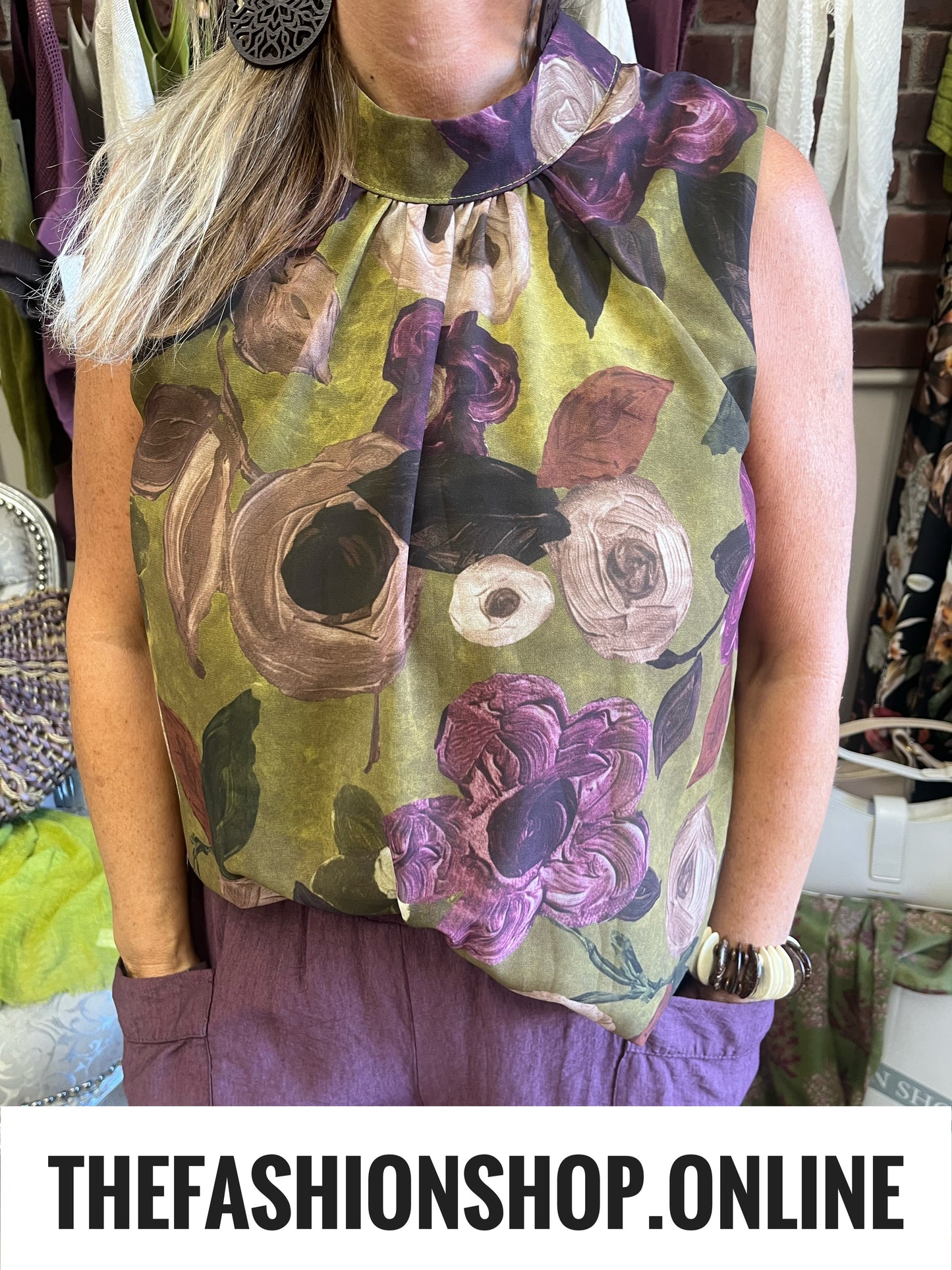 Lyra olive and mulberry floral top 8-14