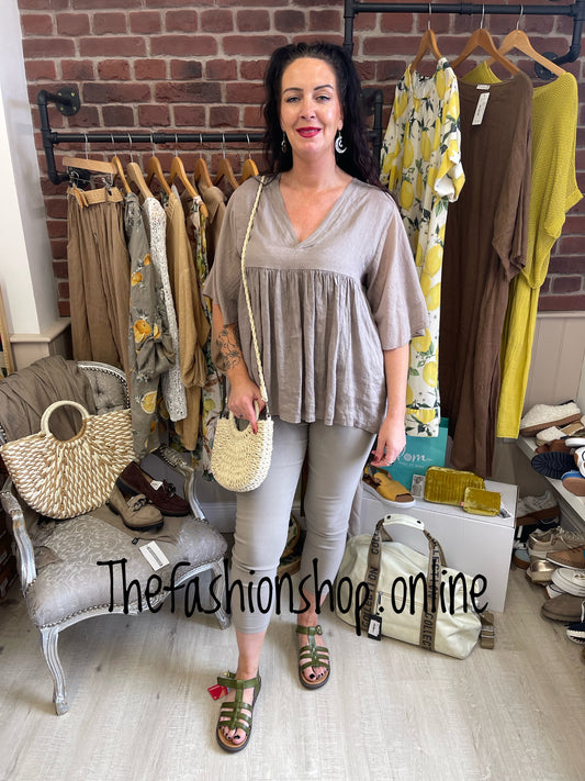 Mocha linen mix v neck broderie anglaise back top 12-16