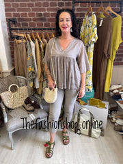 Mocha linen mix v neck broderie anglaise back top 12-16