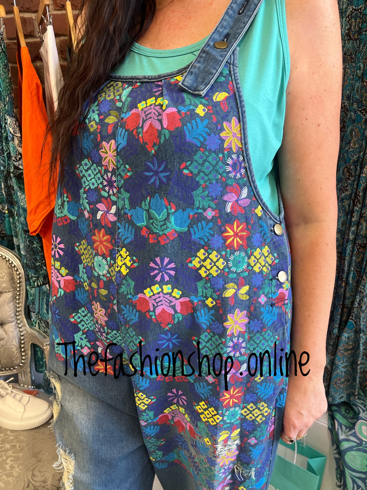 Fly out denim floral dungarees 12-18