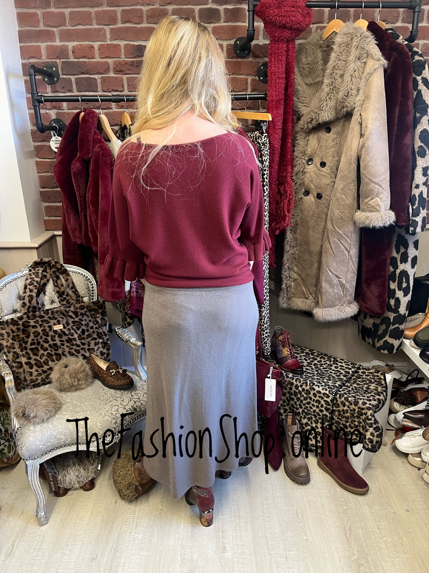 Tess wine jumper with frill sleeve 8-14