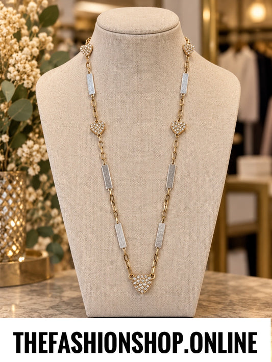 Envy long gold and silver hearts and bars necklace