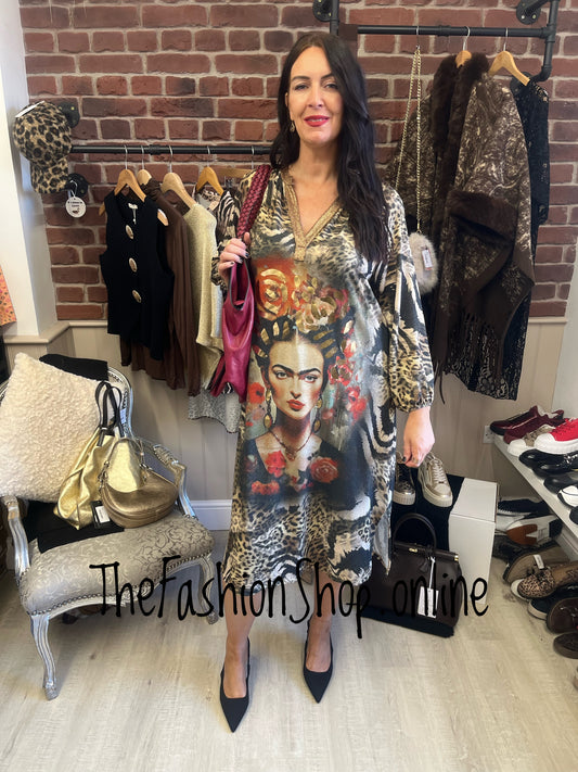 Frida and animal print long sleeve shimmer dress 12-18