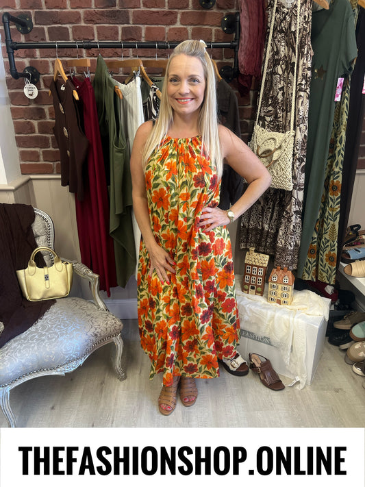 Casey red and orange botanical flowers dress 10-18