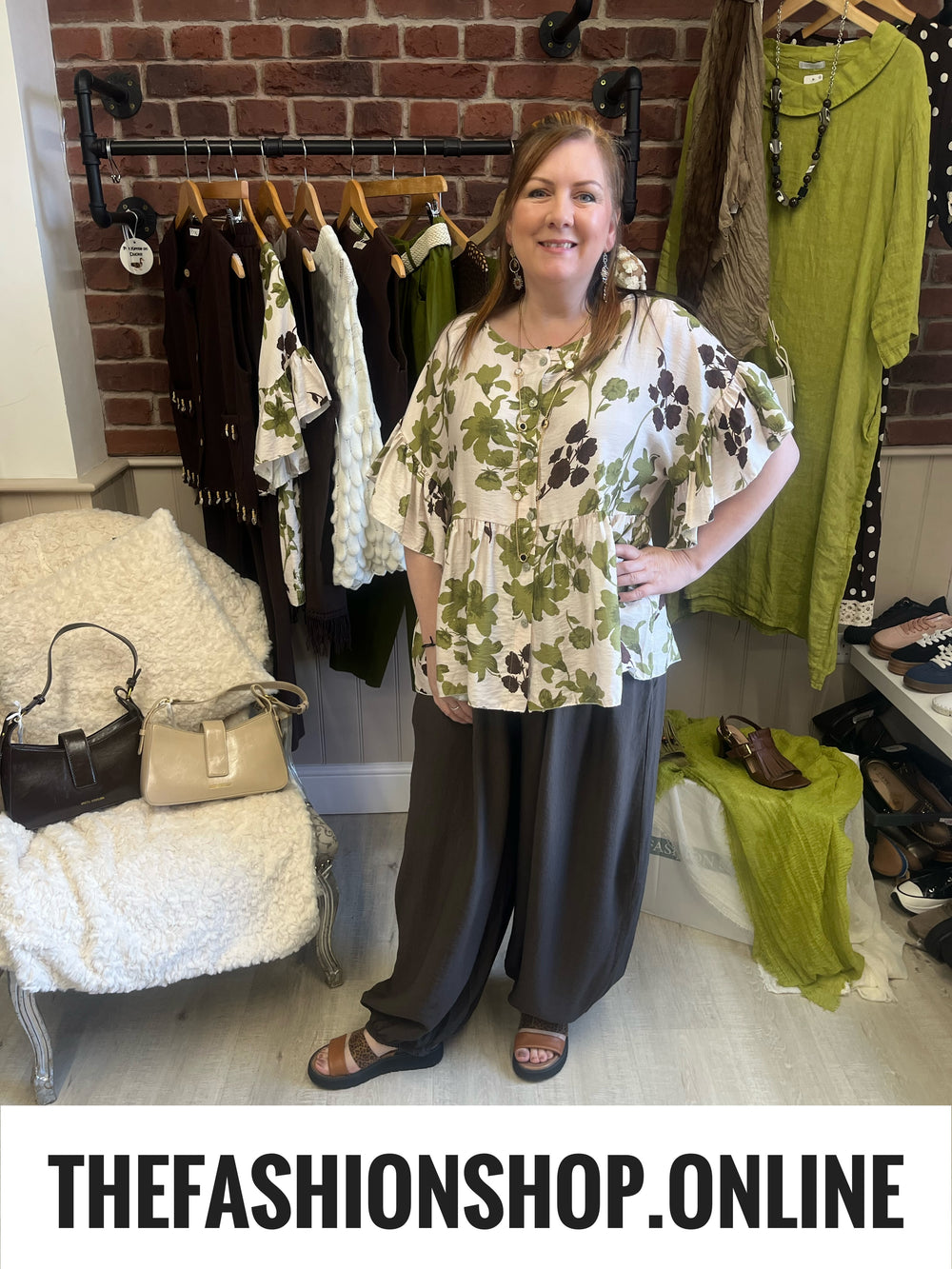 Erica olive and brown floral frill blouse 8-14