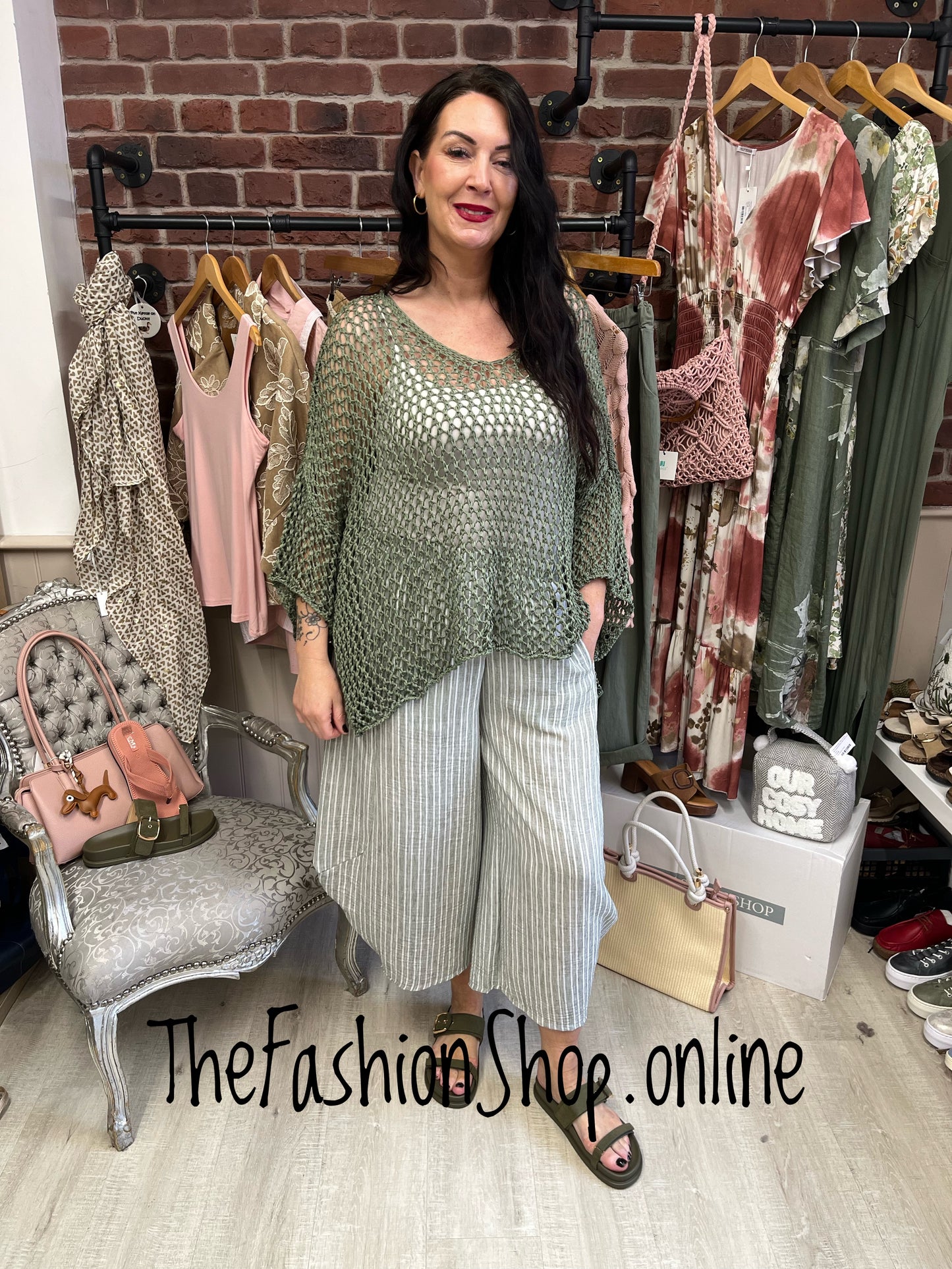 Bridget khaki pinstripe wide leg trousers 10-16