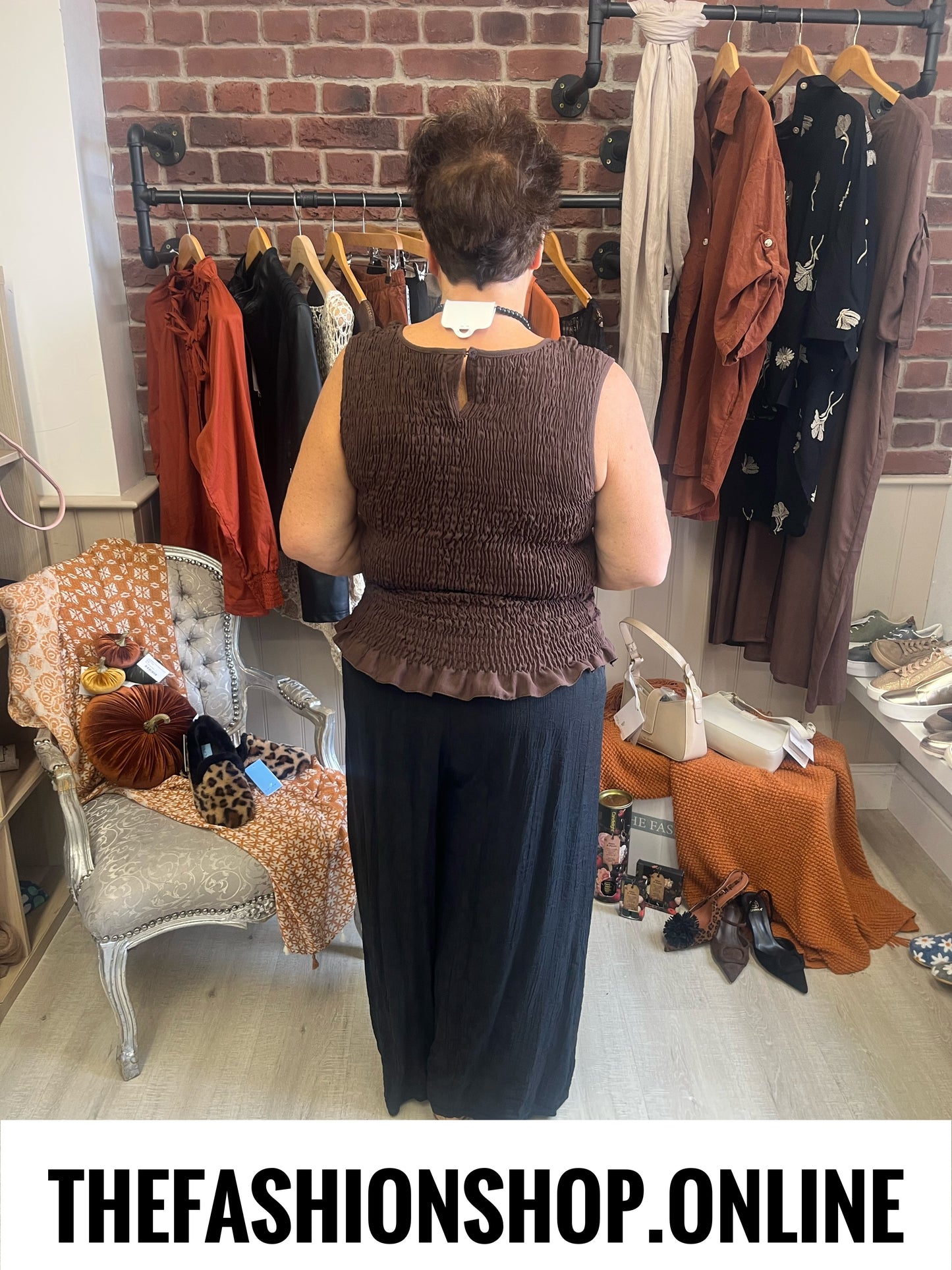 Sadie brown shirred frill top 12-18