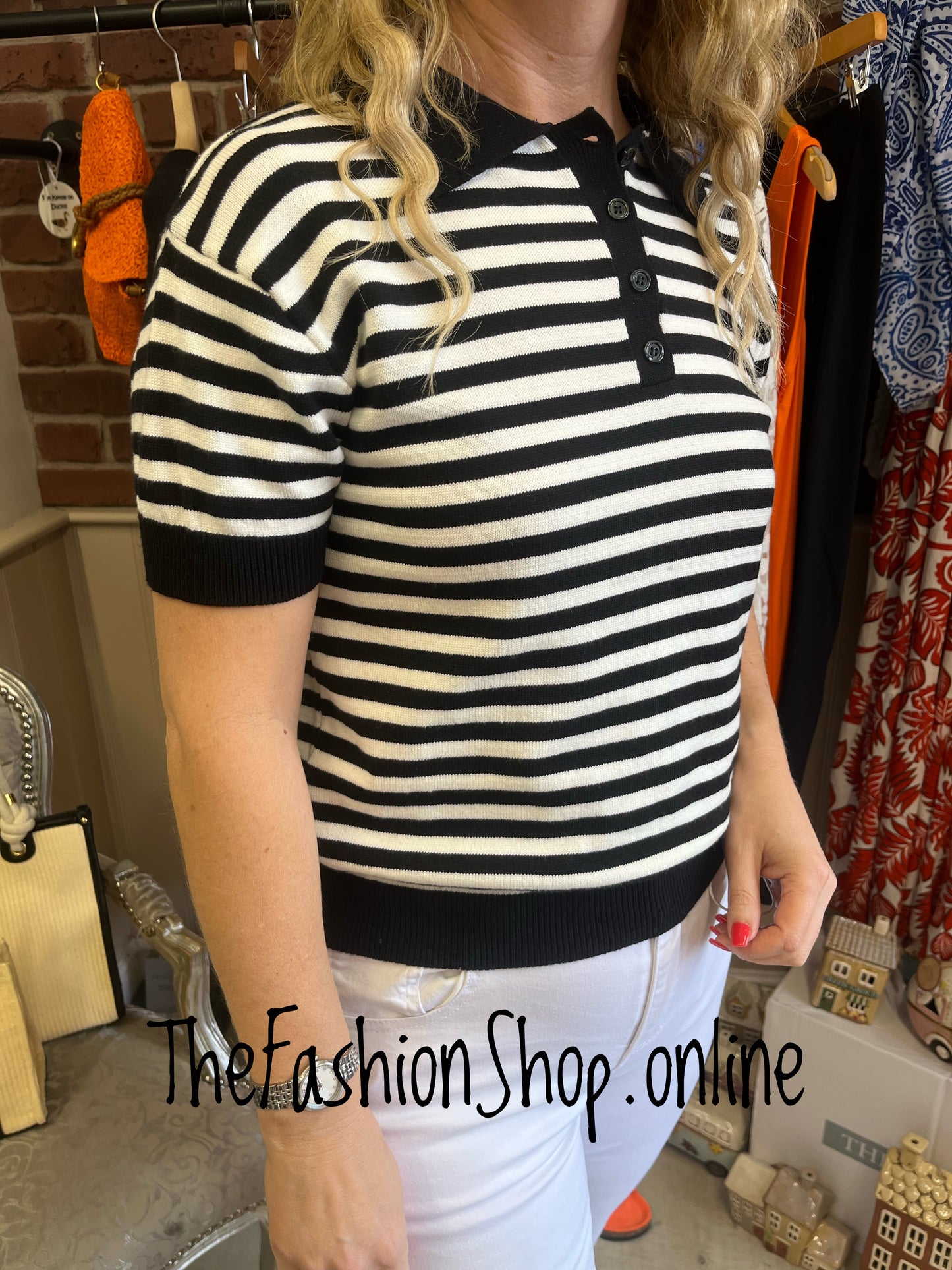 Katie black and white stripe knitted top 8-14