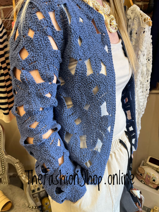 Kayla denim blue crochet cardigan sizes 10-12 and 14-16