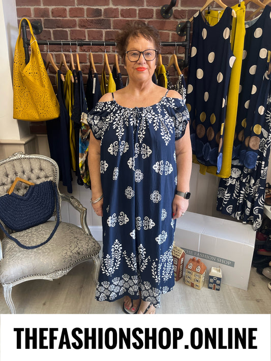 Grace navy print cold shoulder dress 16-24