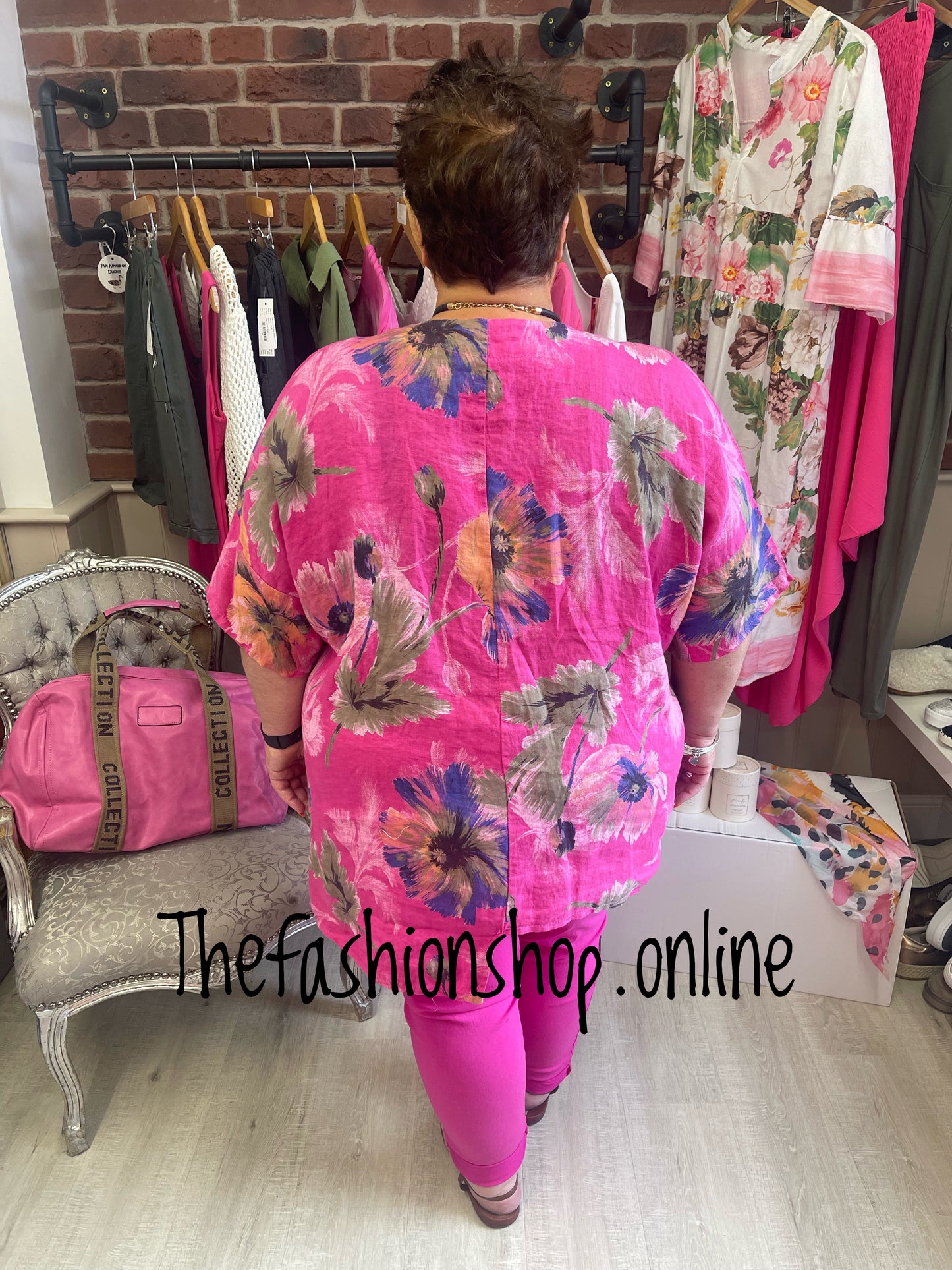 Ruby hot pink summer flowers linen top 18-24