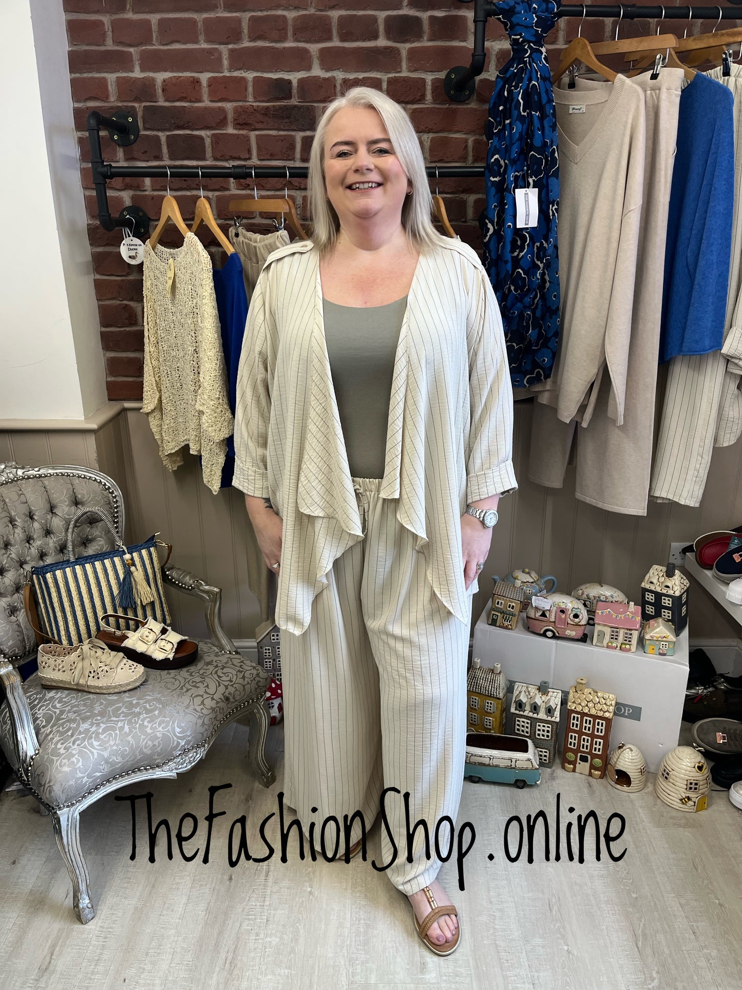 Chloe beige striped waterfall jacket 14-22