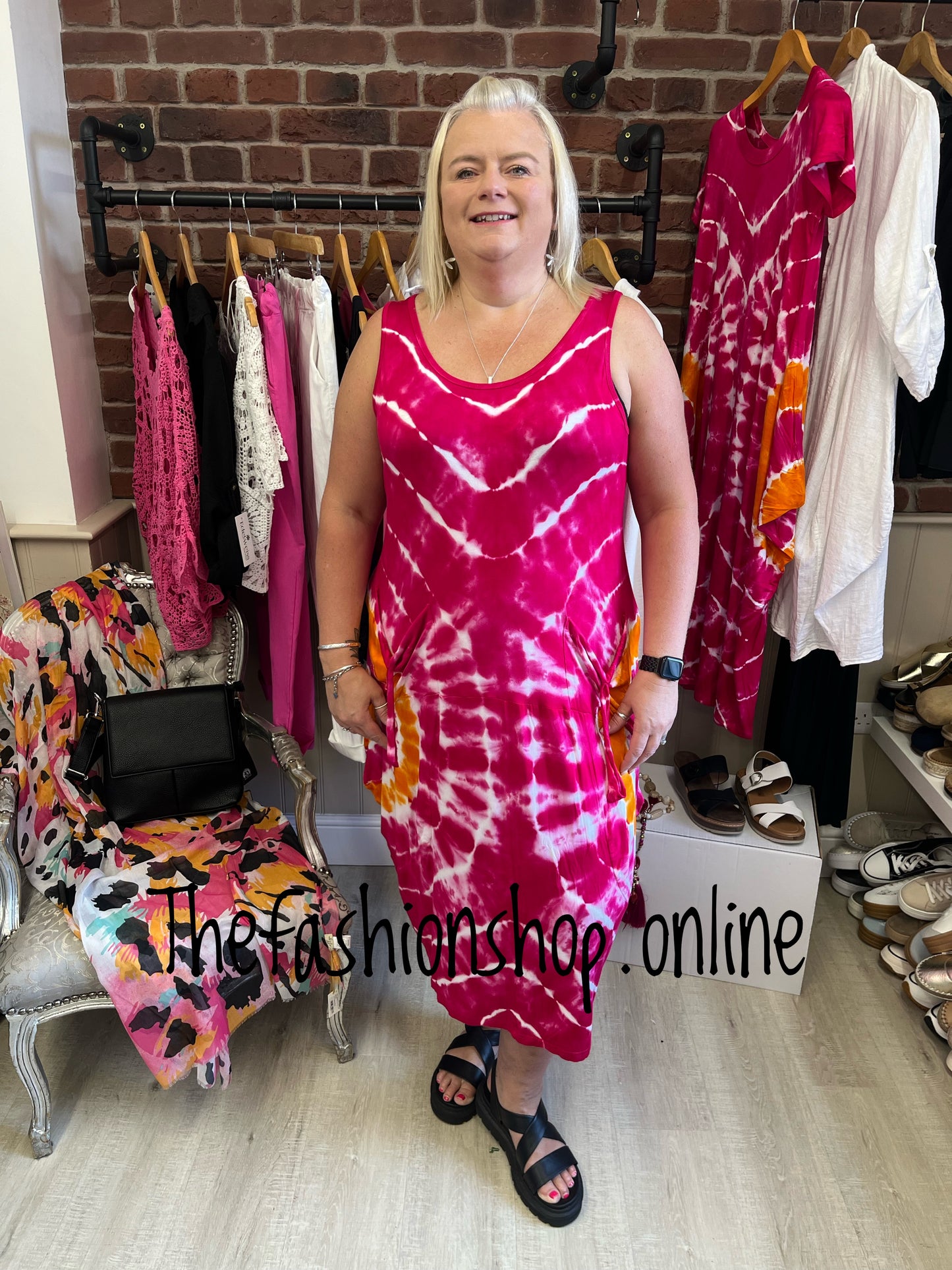 Lottie hot pink and orange tie dye sleeveless dress 12-22
