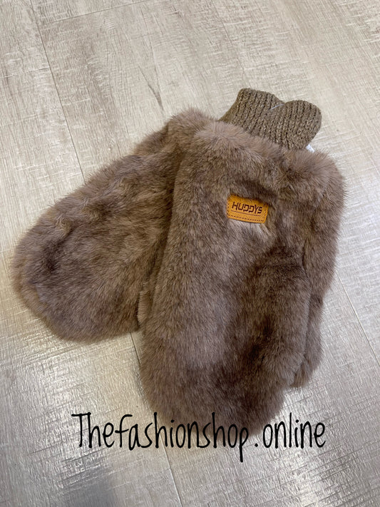 Huddys Taupe Faux Fur Mittens With Cuff