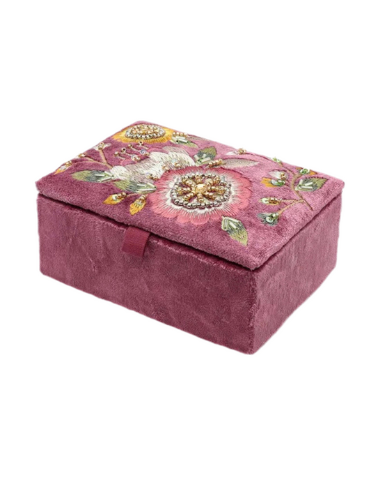 Pom Blush Pink Velvet Small Jewellery Box With Vintage Style Embroidery