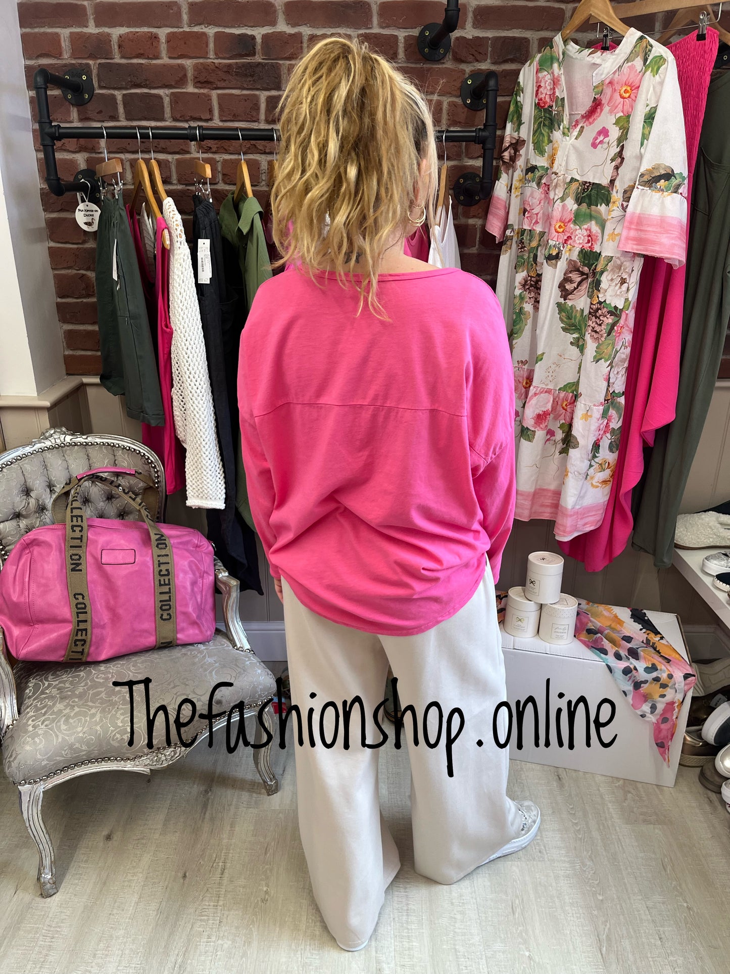 Tasha hot pink button neck detail top 12-16