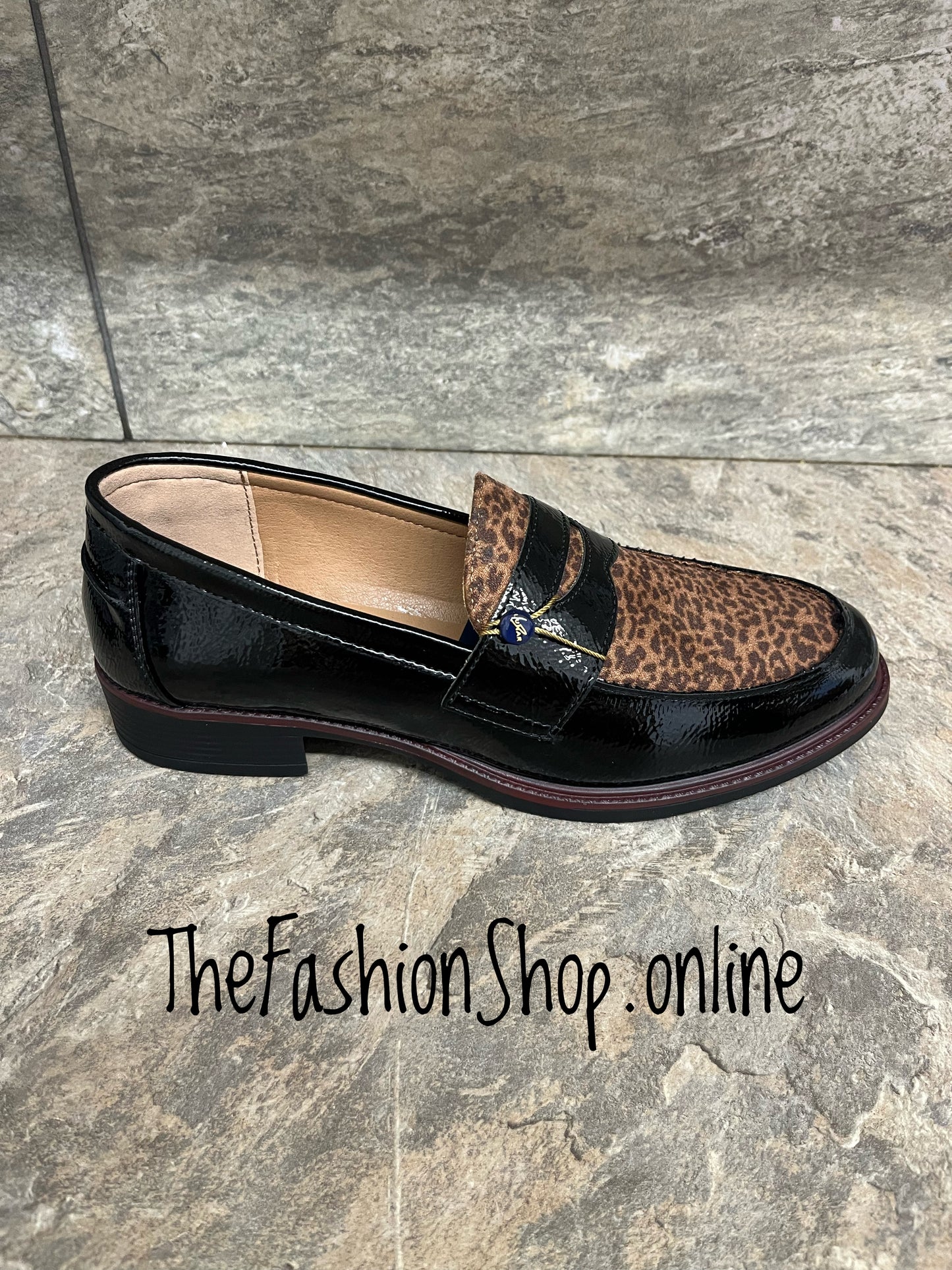 Lunar Titan black patent leopard print loafers sizes 4-8 (37-41)