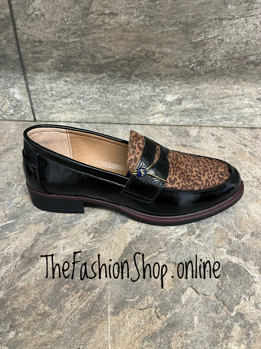 Lunar Titan black patent leopard print loafers sizes 4-8 (37-41)