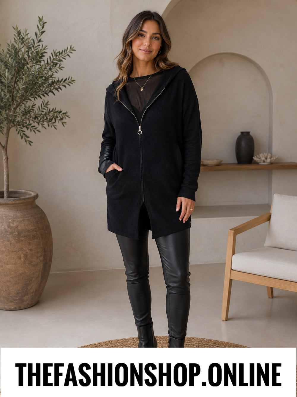 Black knitted cardigan with hood