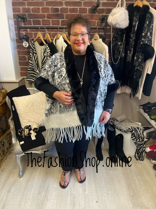 Whitney black and grey faux fur cape - free size