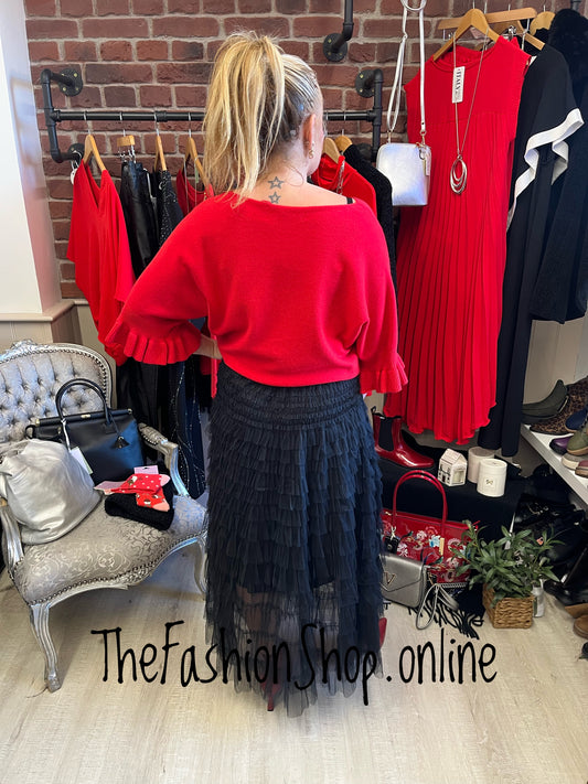 Tess red jumper with frill sleeve 8-14