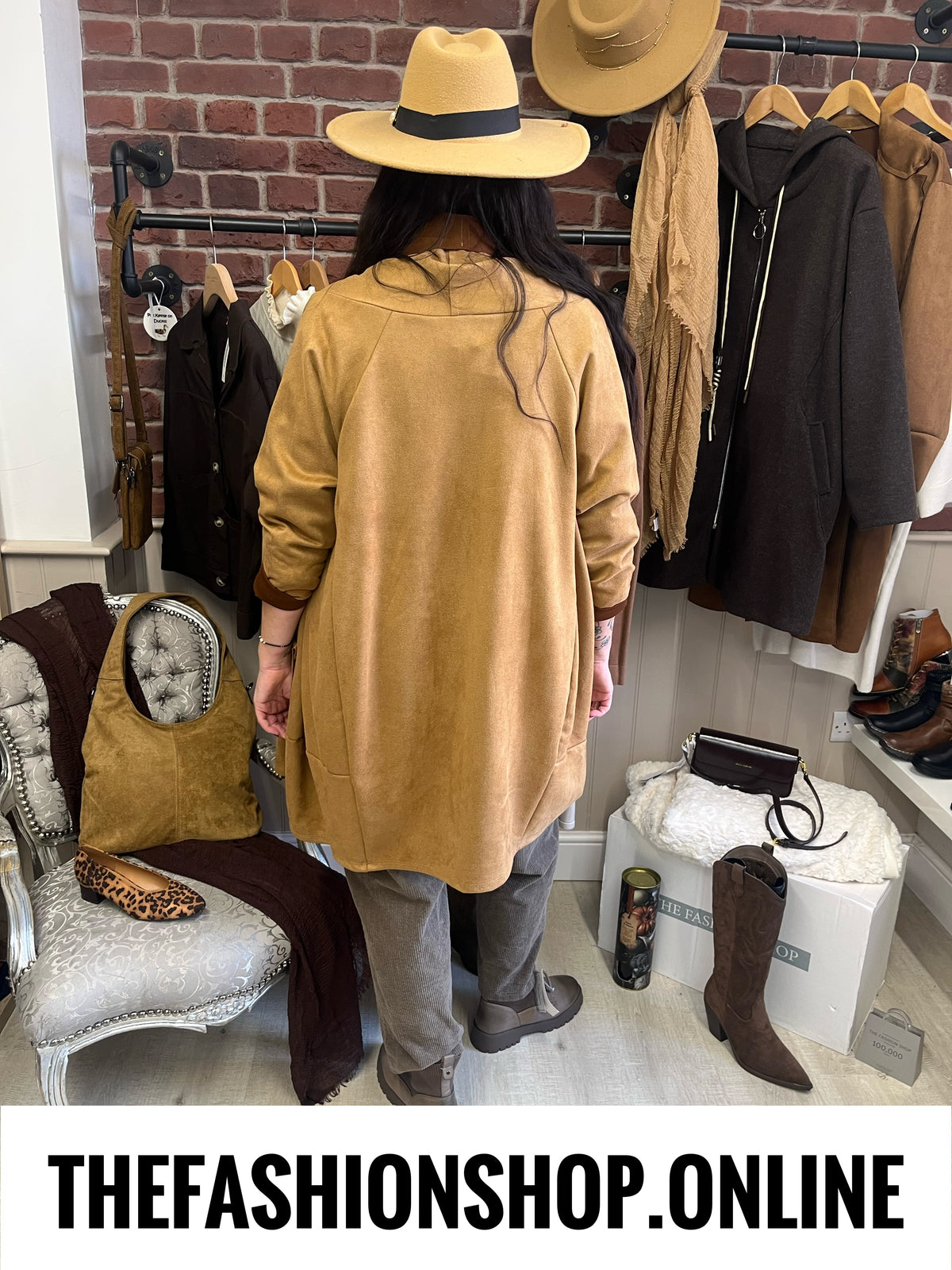 Heidi camel faux suede waterfall jacket 16-22