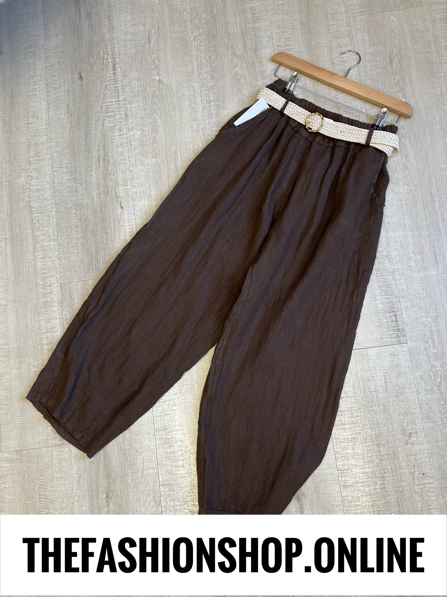 Frances brown linen trousers with belt 8-16