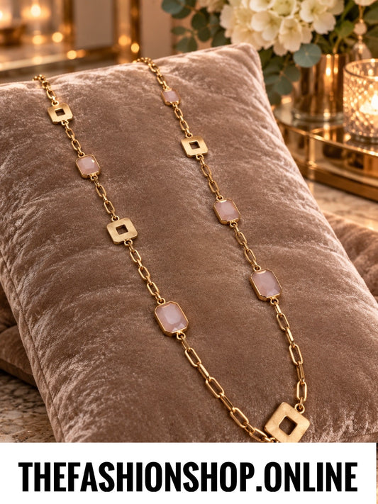 Envy gold squares with pink stones necklace